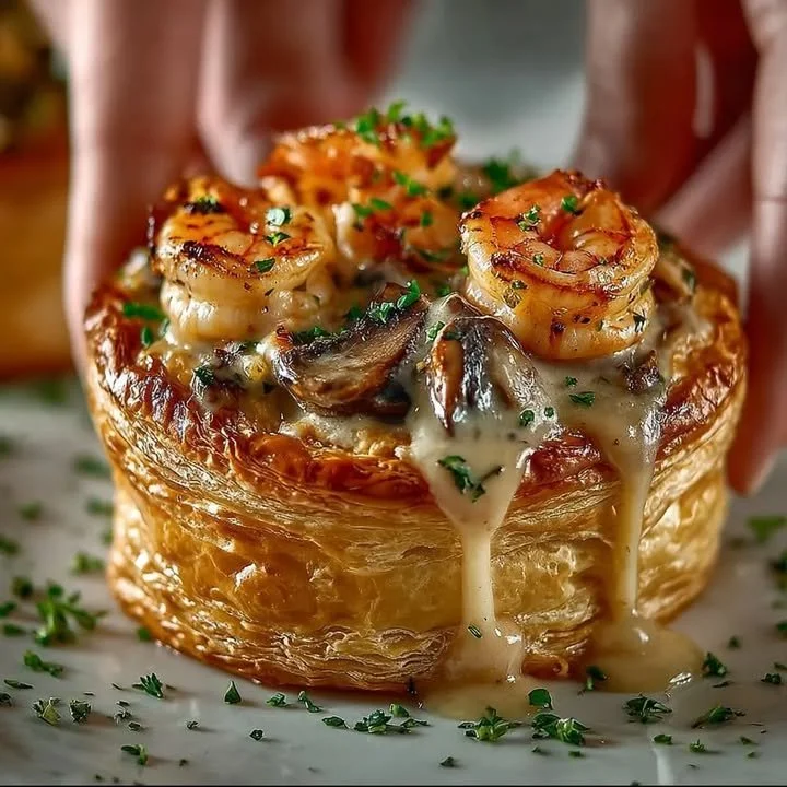 Delicious Shrimp and Mushroom Vol-au-Vent pastry served as an elegant appetizer