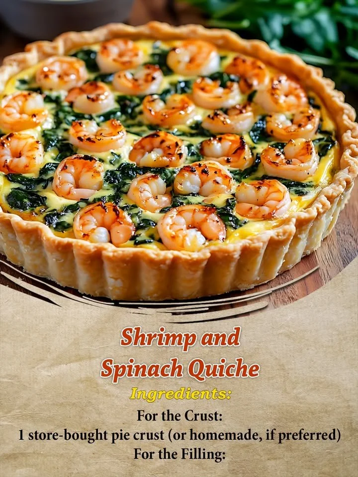 Shrimp and spinach quiche baked to perfection, garnished with herbs.