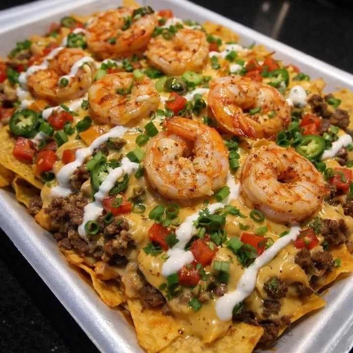 Plate of Shrimp Beef Nachos topped with cheese, jalapenos, and fresh herbs.