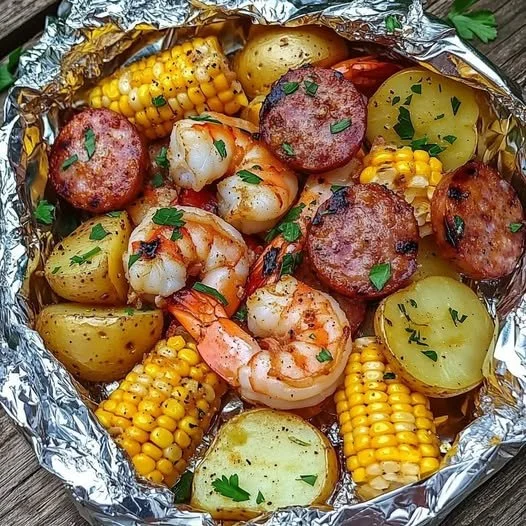 Shrimp foil pack with corn, potatoes, and smoked sausage ready for grilling
