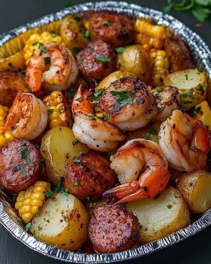 Shrimp, Corn, Potatoes, and Smoked Sausage Foil Pack