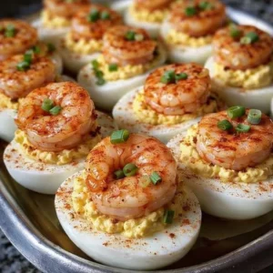 Plate of shrimp deviled eggs garnished with herbs and spices