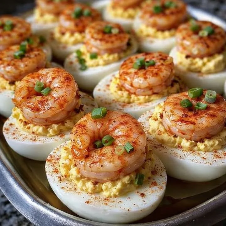 Plate of shrimp deviled eggs garnished with herbs and spices