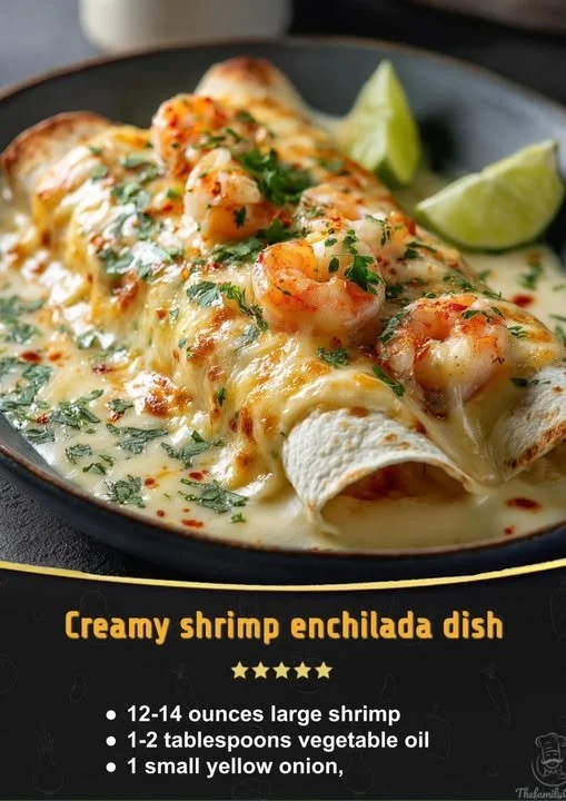 Shrimp enchiladas with a creamy sauce garnished with fresh ingredients.