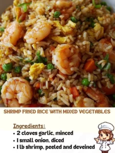 Shrimp fried rice with mixed vegetables in a bowl, garnished with green onions.