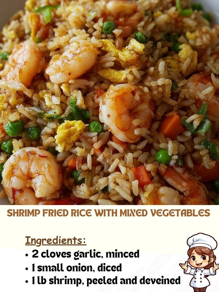 Shrimp fried rice with mixed vegetables in a bowl, garnished with green onions.