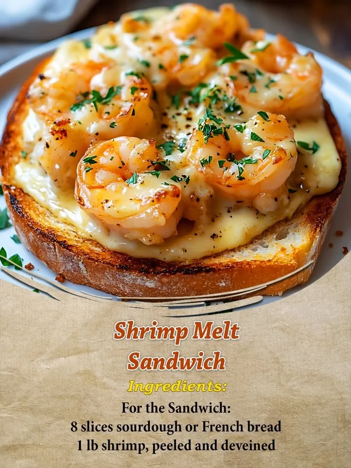 Shrimp melt sandwich with shrimp, cheese, and fresh ingredients on a plate