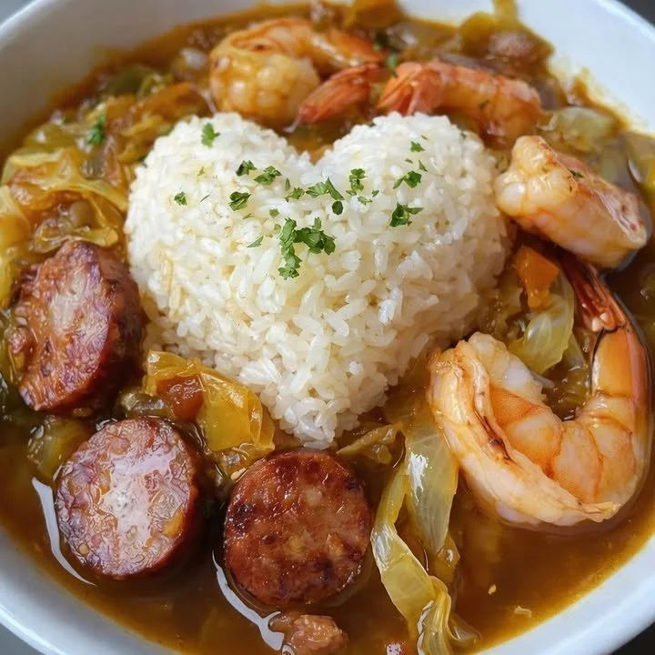 Shrimp stew with sausage and cabbage served over rice in a bowl.