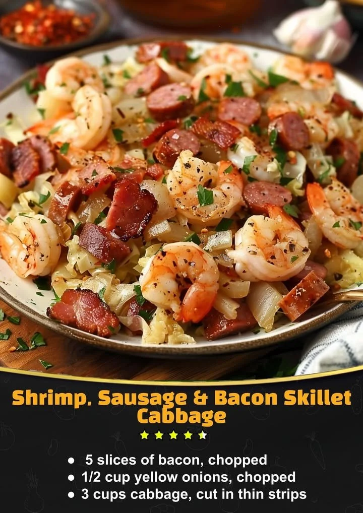 Shrimp Skillet with sausage and bacon served on a bed of cabbage
