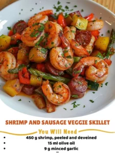 Delicious shrimp sausage skillet with colorful veggies in a frying pan