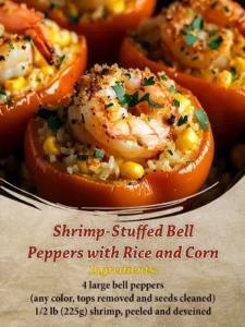 Delicious shrimp-stuffed bell peppers filled with rice and corn.