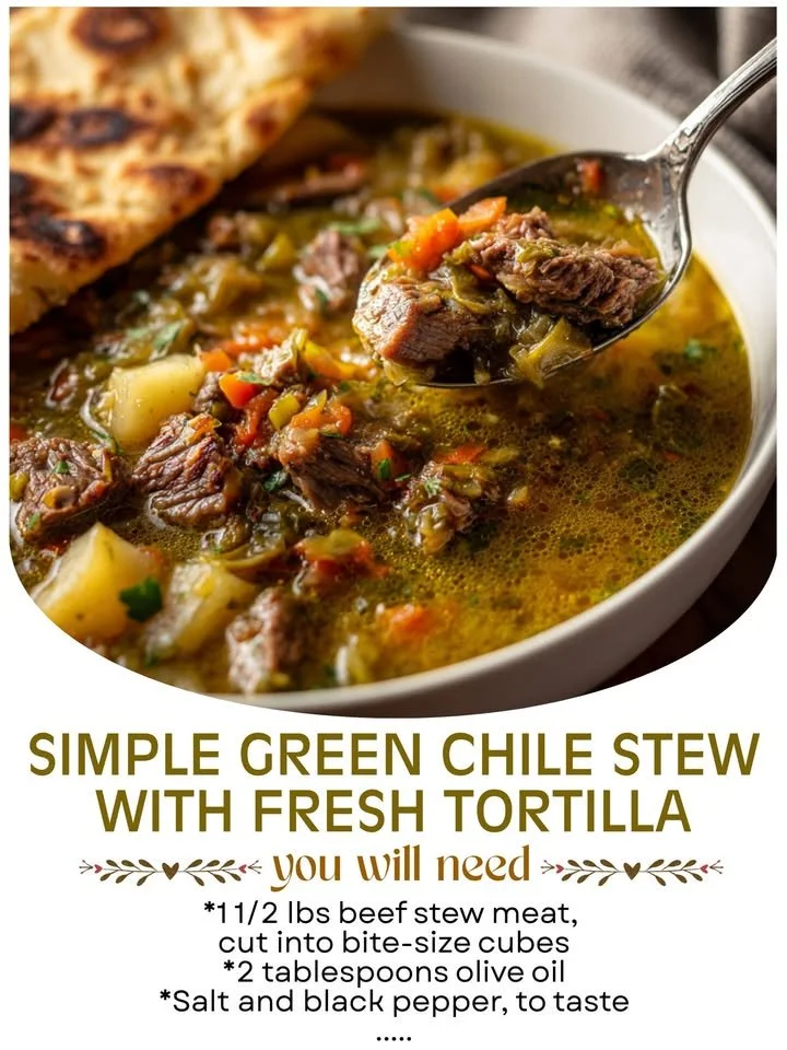 Bowl of simple green chile stew served with fresh homemade tortilla