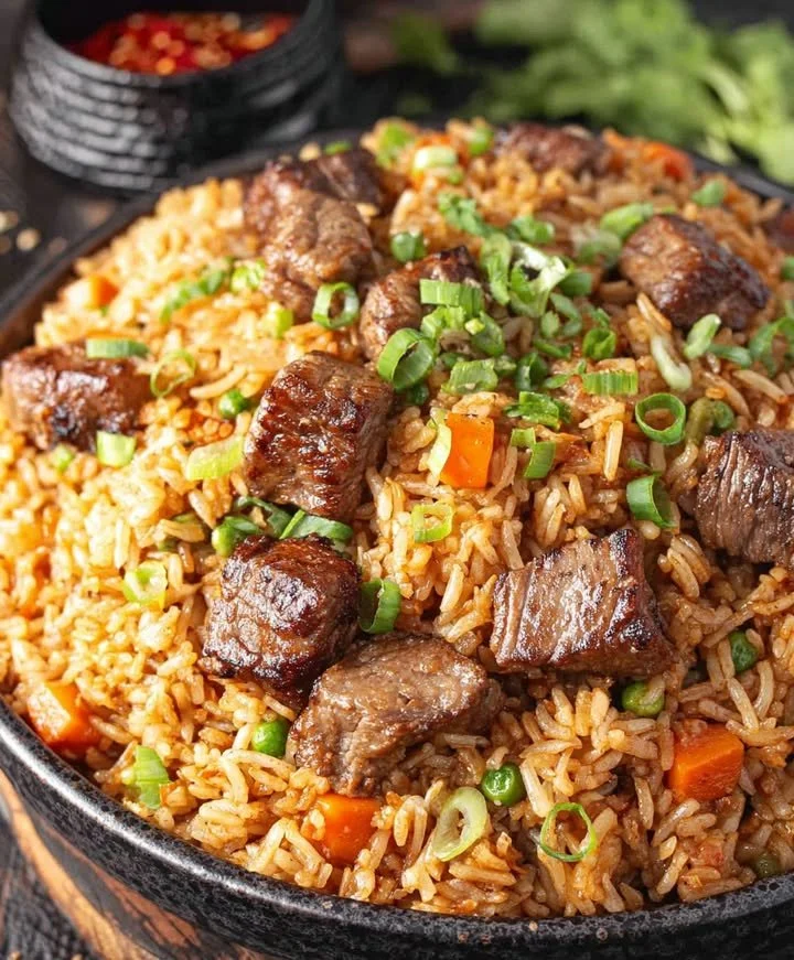 Sizzling garlic butter fried rice served with tender steak on a rustic plate