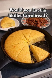 Golden brown skillet cornbread served hot in a cast-iron skillet