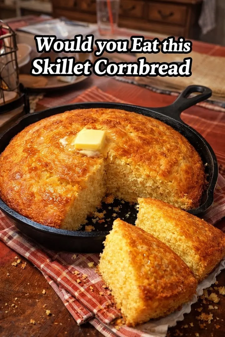Skillet cornbread served in a cast iron skillet, golden brown and fluffy.