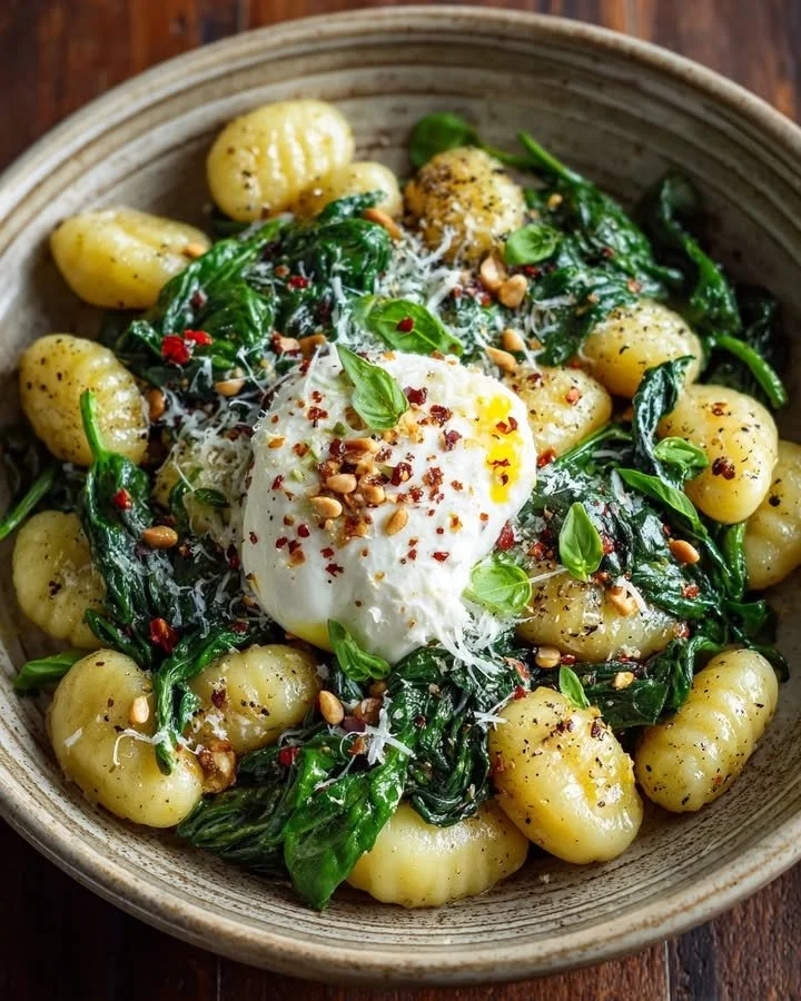 Delicious skillet gnocchi with spinach, garlic butter, and melted burrata cheese