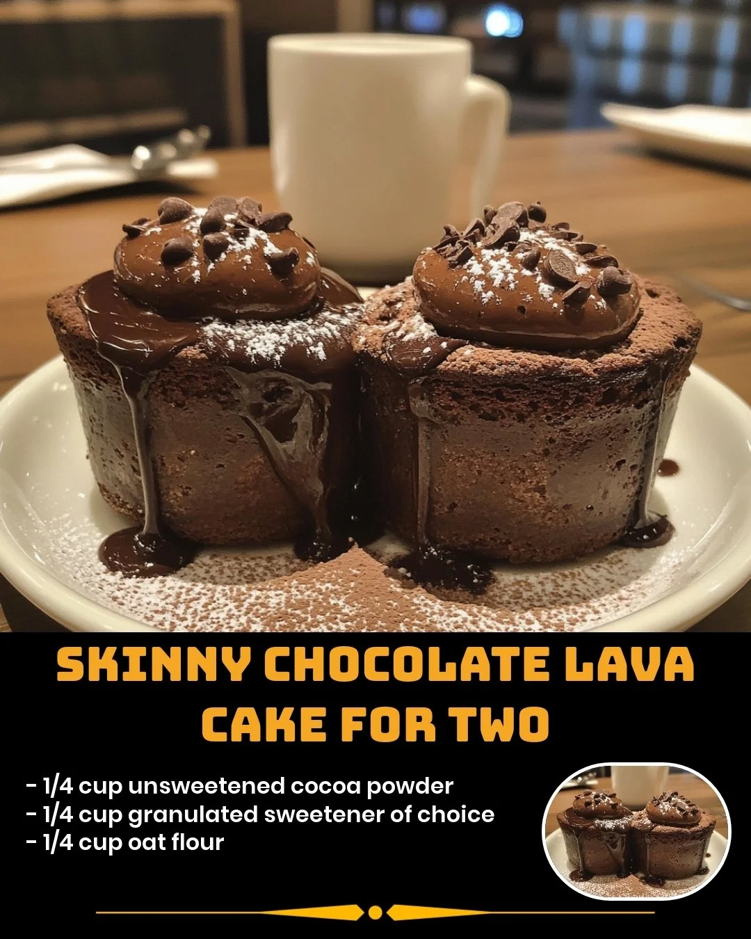 Skinny Chocolate Lava Cake served in two ramekins with molten chocolate center