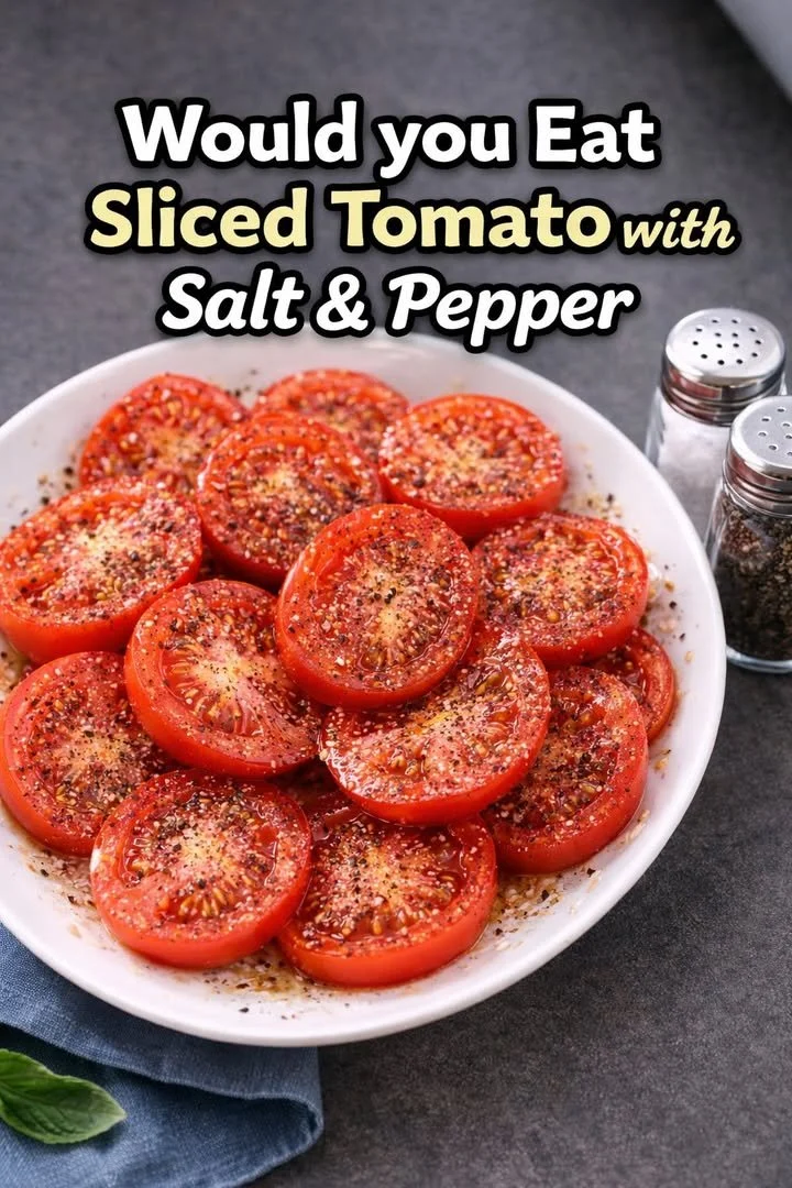 Sliced tomato with salt and pepper on a plate, ready to serve.