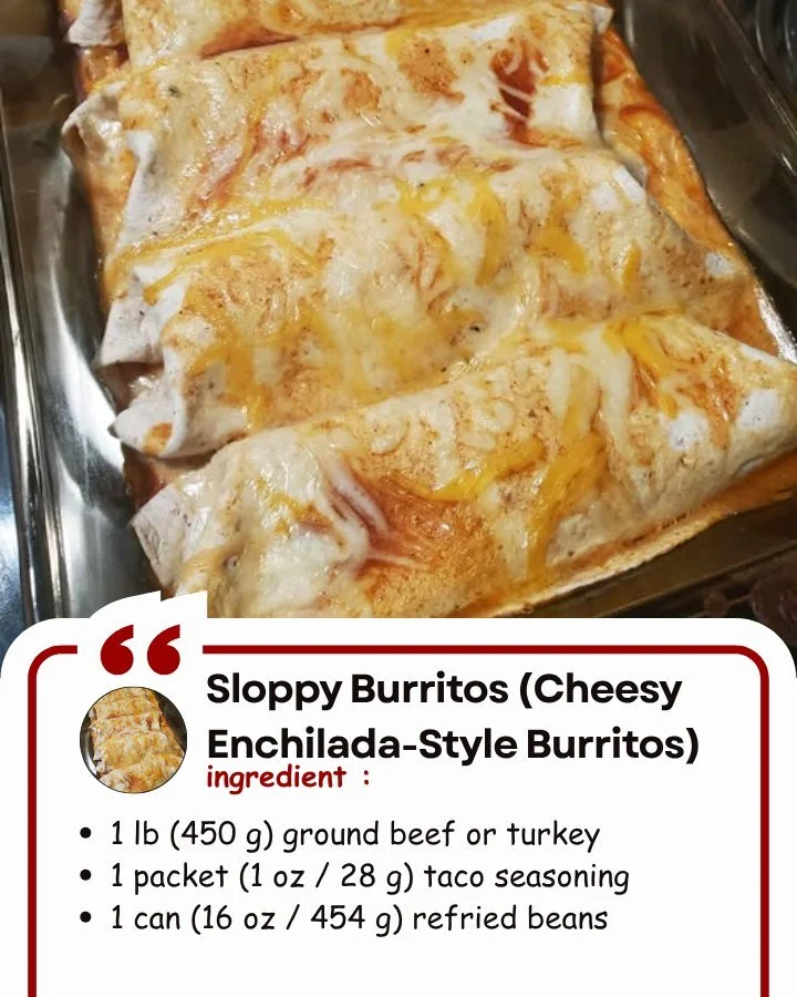 Cheesy enchilada-style sloppy burritos topped with sauce and cheese