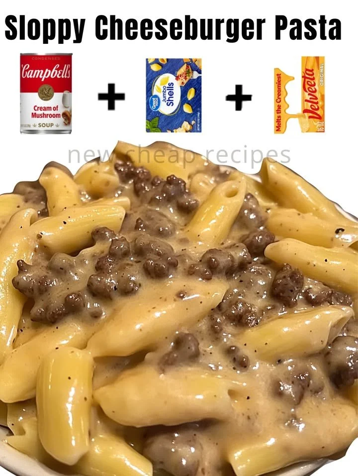 Bowl of sloppy cheeseburger pasta topped with cheese and herbs