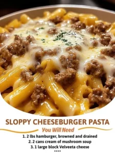 Sloppy Cheeseburger Pasta with melted cheese and ground beef in a bowl
