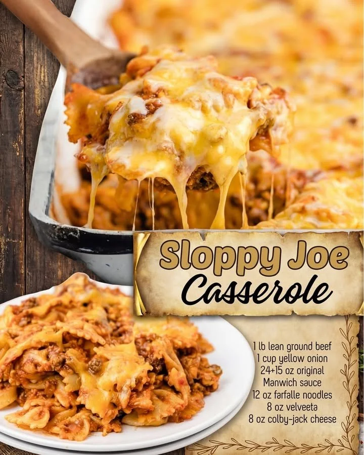 Delicious Sloppy Joe Casserole served in a baking dish, topped with melted cheese.