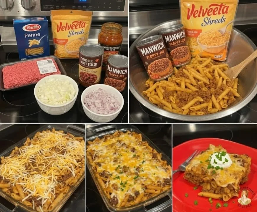 Delicious Sloppy Joe Casserole topped with cheese and served in a dish