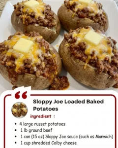 Sloppy Joe loaded baked potatoes topped with cheese and herbs