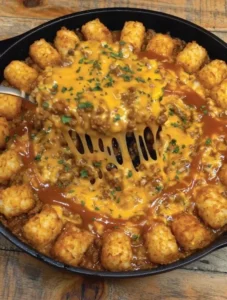 Delicious Sloppy Joe Tater Tot Casserole served in a baking dish
