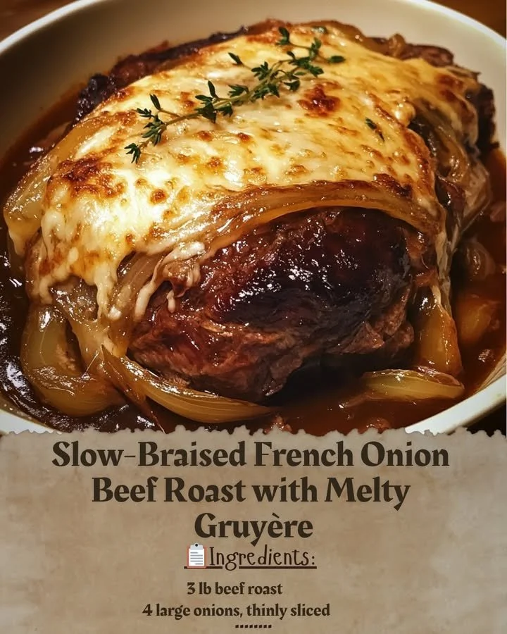 Slow-braised French onion beef roast topped with melty Gruyère cheese