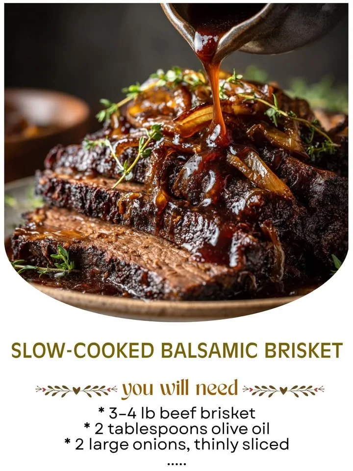 Delicious slow-cooked balsamic brisket served on a plate with herbs.