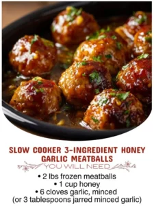 Slow cooker honey garlic meatballs in a bowl with sauce and garnish