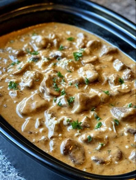 Delicious slow cooker beef stroganoff pasta with four simple ingredients