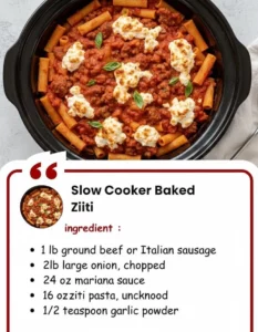 Delicious slow cooker baked ziti topped with melted cheese and herbs.