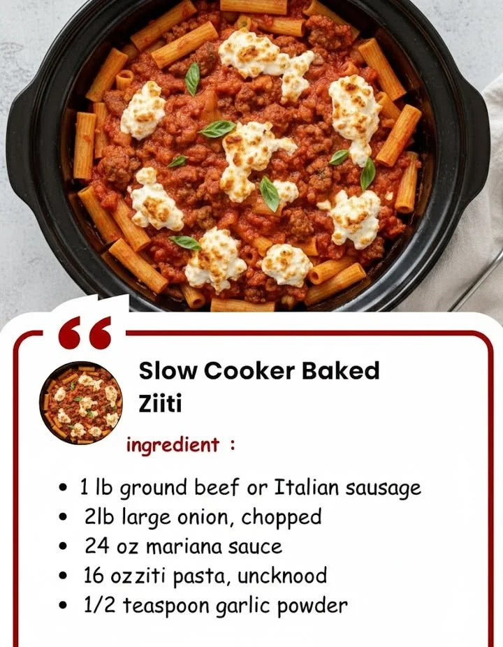Delicious slow cooker baked ziti topped with melted cheese and herbs.