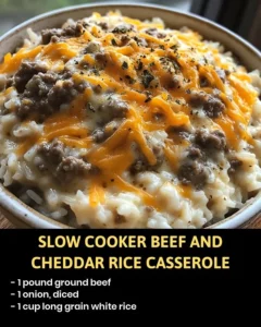Slow Cooker Beef and Cheddar Rice Casserole served on a plate