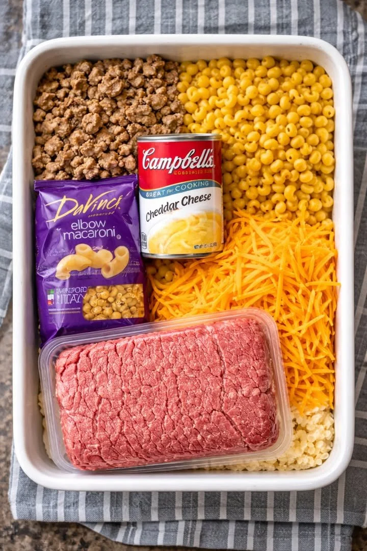 Delicious slow cooker beefy cheddar and macaroni casserole in a serving dish