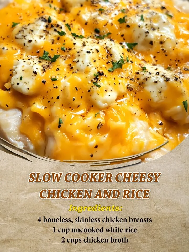 Delicious slow cooker cheesy chicken and rice dish served in a bowl