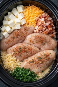 Delicious plate of slow cooker cheesy garlic chicken with herbs and spices.