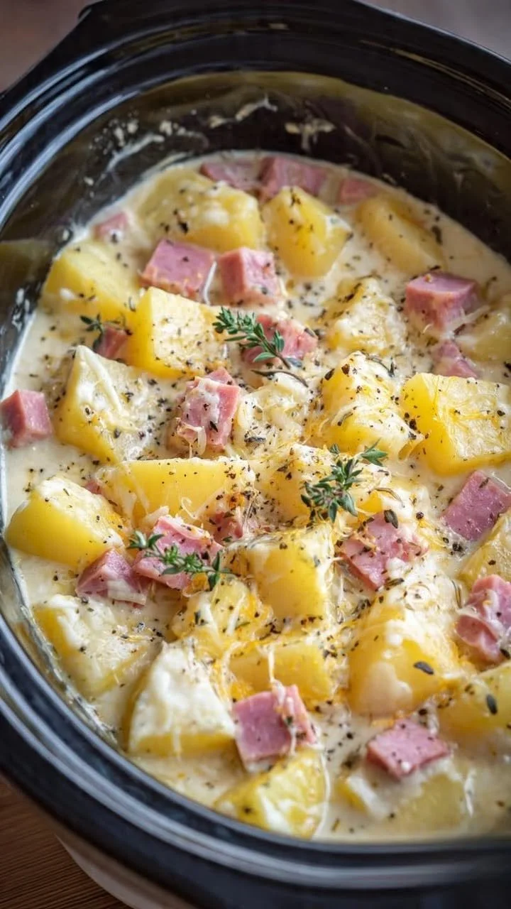 Slow cooker cheesy ham and potato casserole ready to serve