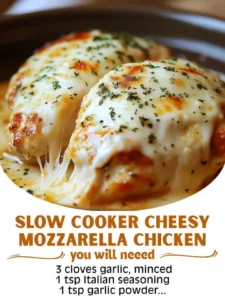 Delicious slow cooker cheesy mozzarella chicken served on a plate.
