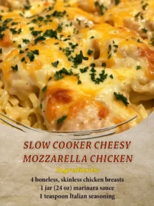 Slow cooker cheesy mozzarella chicken dish with melted cheese