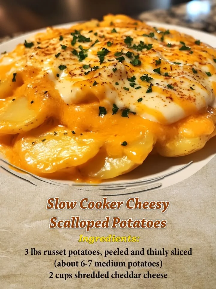 Delicious slow cooker cheesy scalloped potatoes served in a bowl.