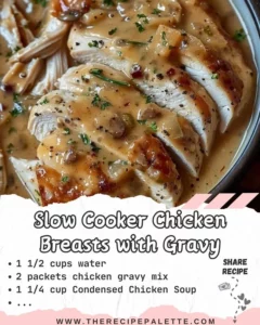 Slow cooker chicken breasts served with savory gravy