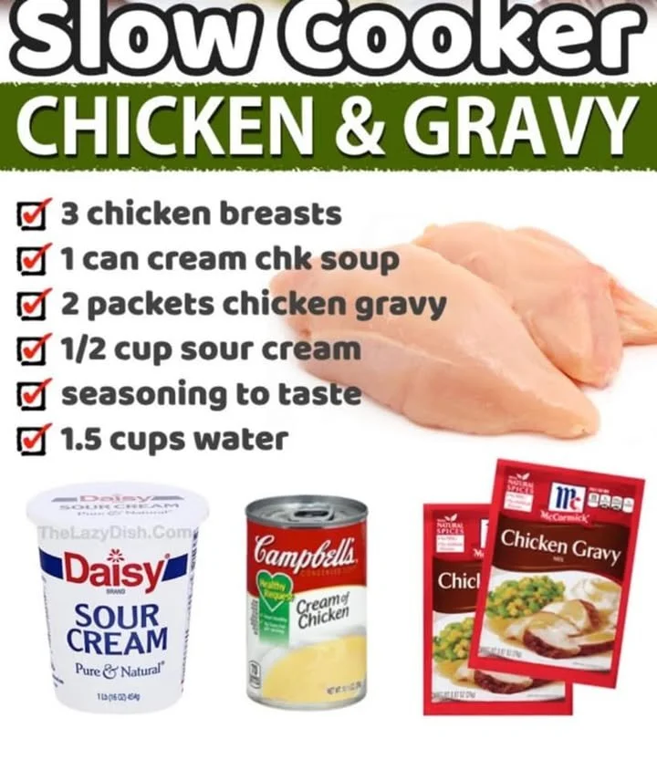 Slow cooker chicken served with rich and creamy chicken gravy