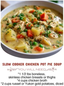 Bowl of Slow Cooker Chicken Pot Pie Soup with vegetables and chicken