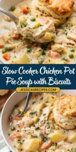 Delicious slow cooker chicken pot pie soup served in a bowl.