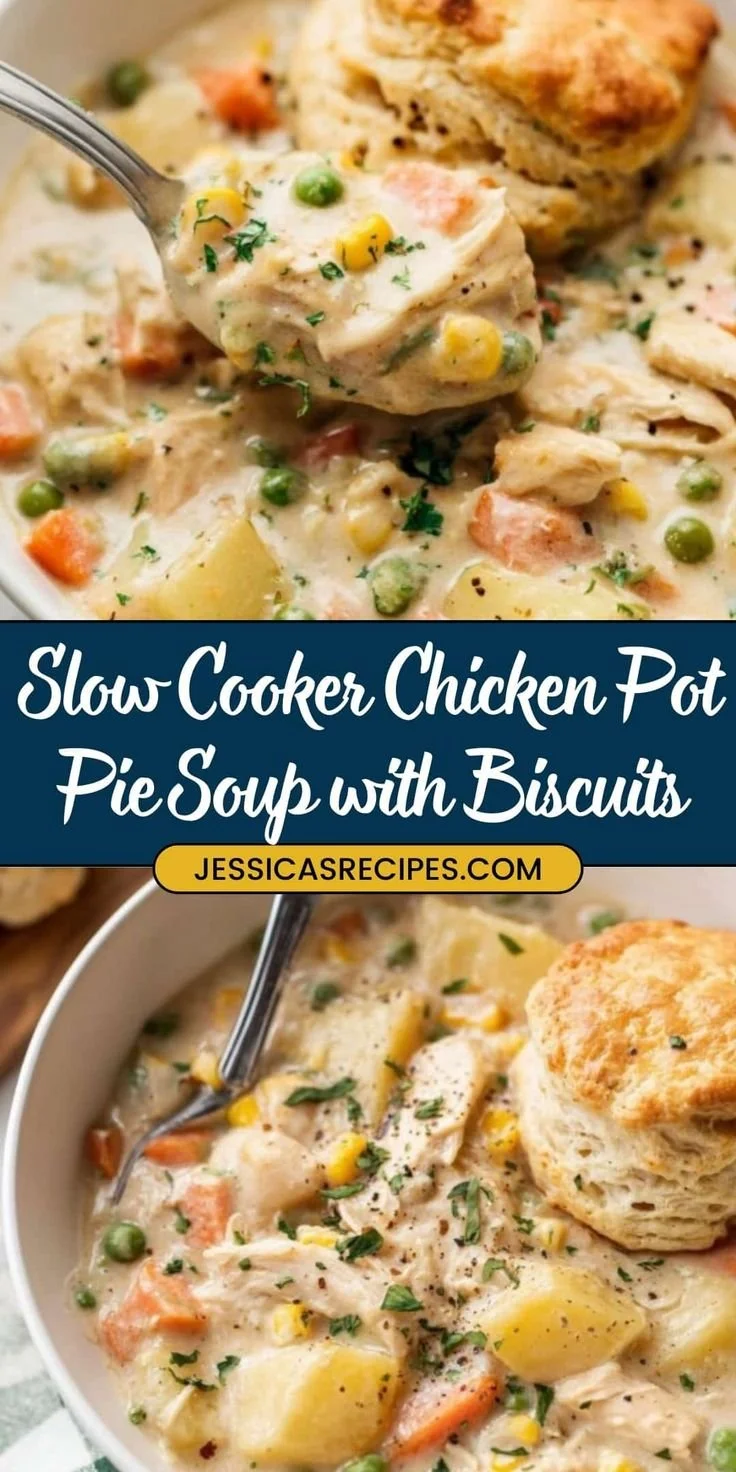 Delicious slow cooker chicken pot pie soup served in a bowl.