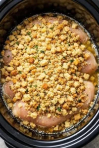 Slow cooker chicken with stuffing served on a plate