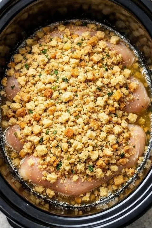Slow cooker chicken with stuffing served on a plate